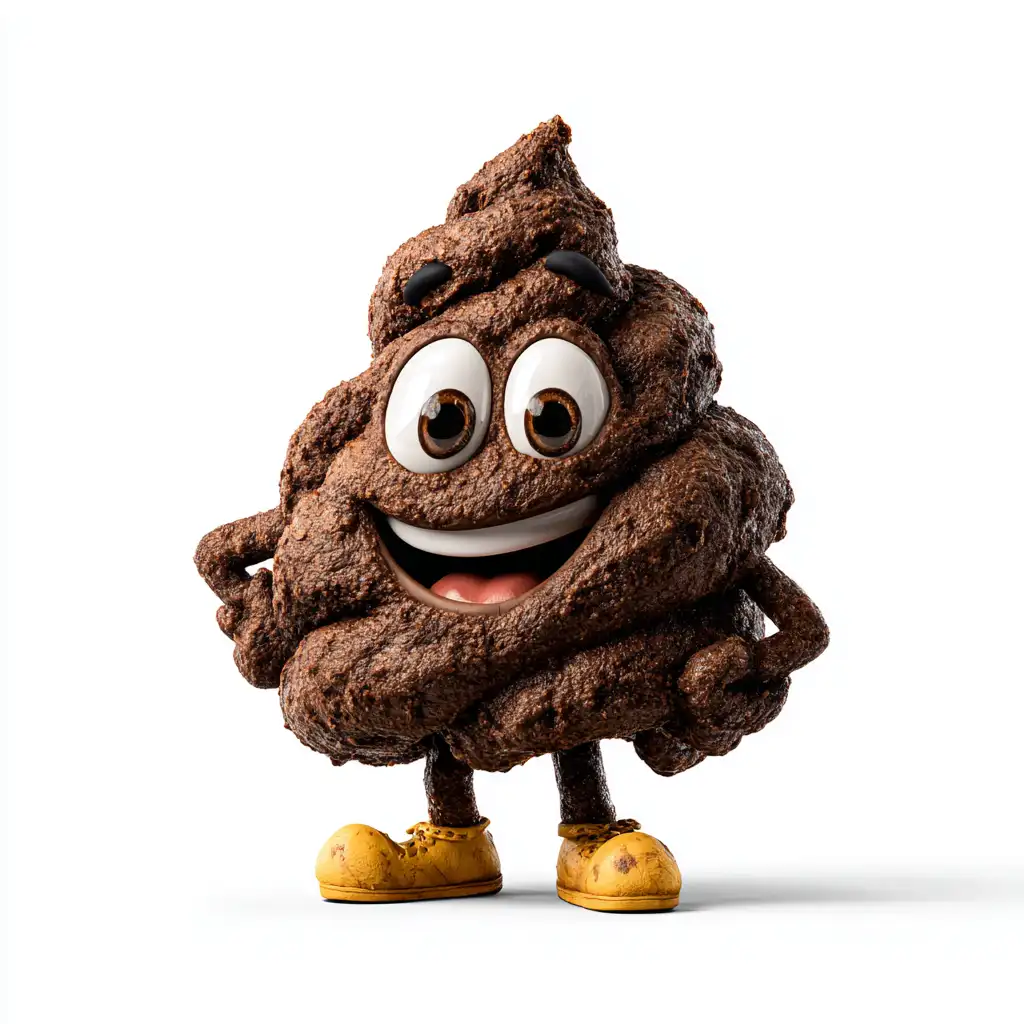 Smiling cartoon poop mascot in yellow shoes for pet waste deodorizer service