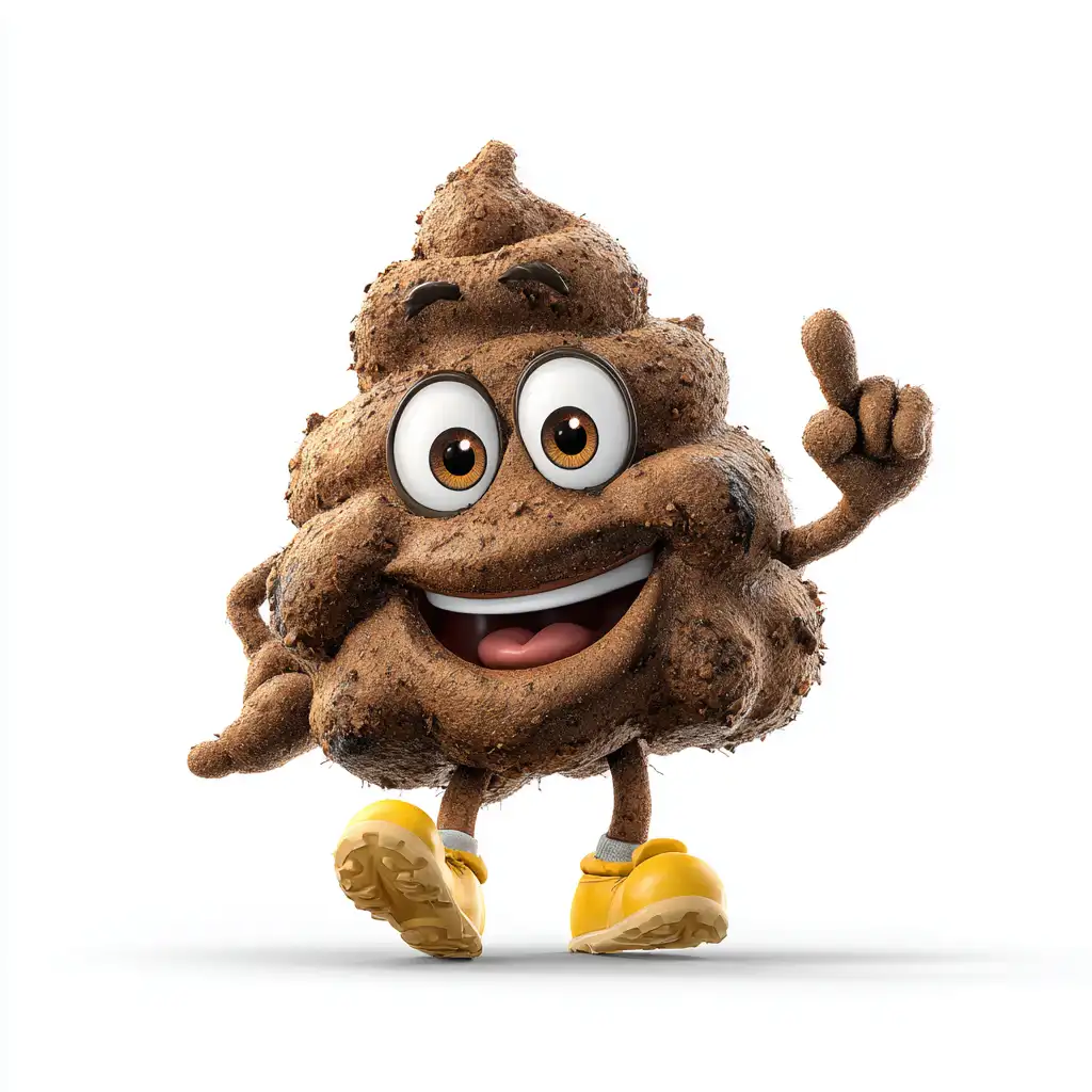 Smiling cartoon poop mascot in yellow boots pointing upward, pet waste sanitization mascot